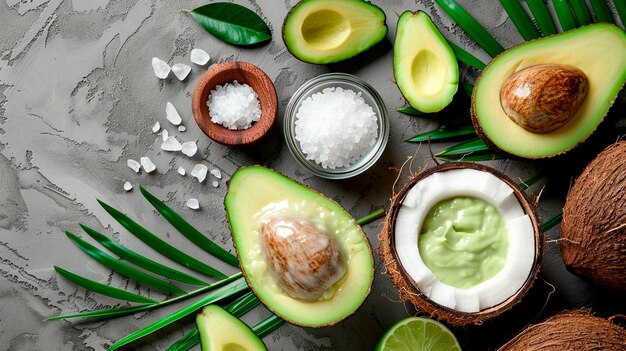Avocado and coconut milk mixture with leaves in background