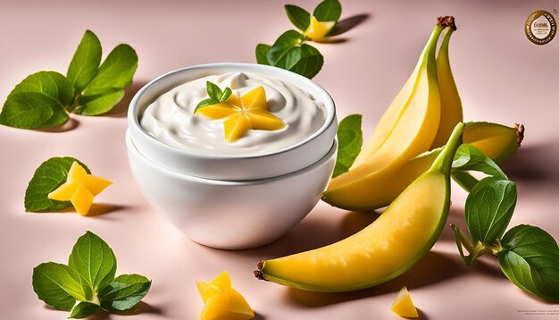 3 bananas and yogurt mixture with leaves on side